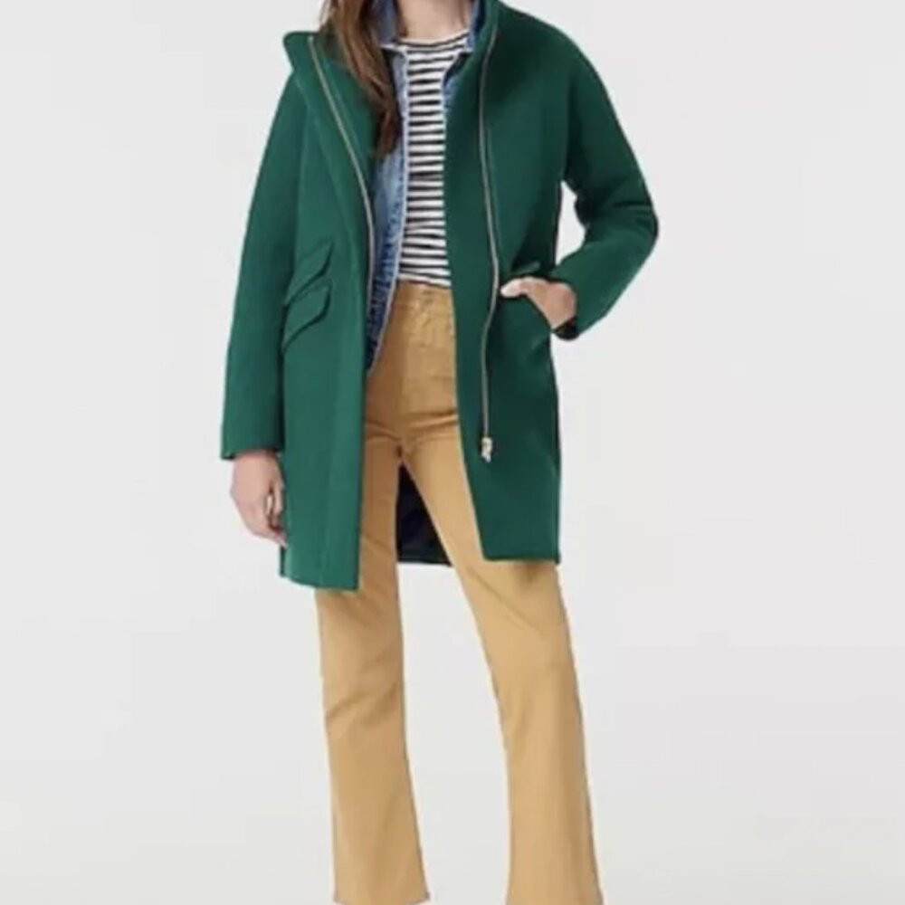 Never been worn J. Crew Stadium Wool Coat in Heather Forest green, size 6